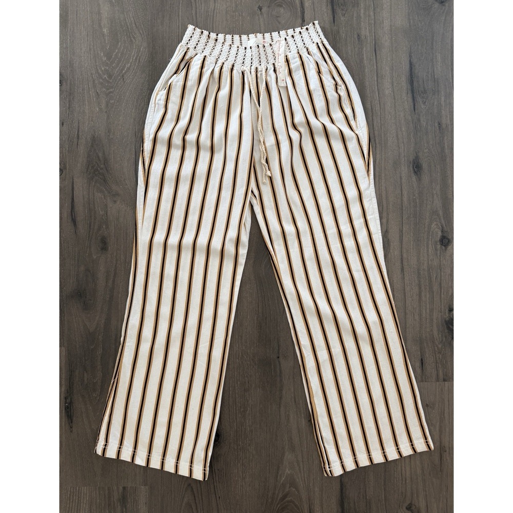Kiss & Cry Women's XL Linen Beach Pants Casual Stripes Smock Waist Tie Front
